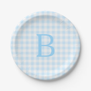 Pastel Blue und White Gingham Mit Monogramm Pappteller