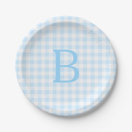 Pastel Blue und White Gingham Mit Monogramm Pappteller (Vorderseite)