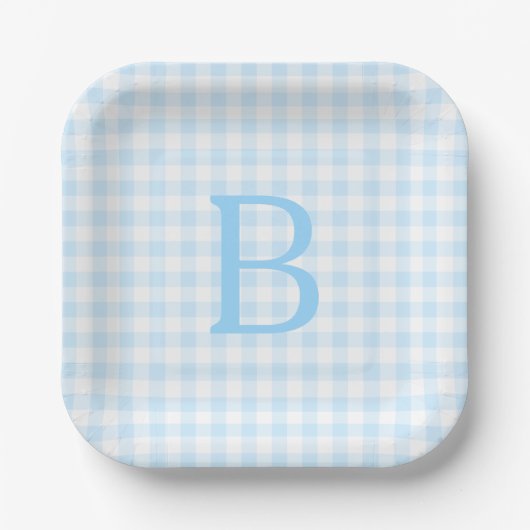 Pastel Blue und White Gingham Mit Monogramm Pappteller (Vorderseite)
