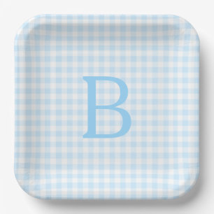 Pastel Blue und White Gingham Monogram Pappteller