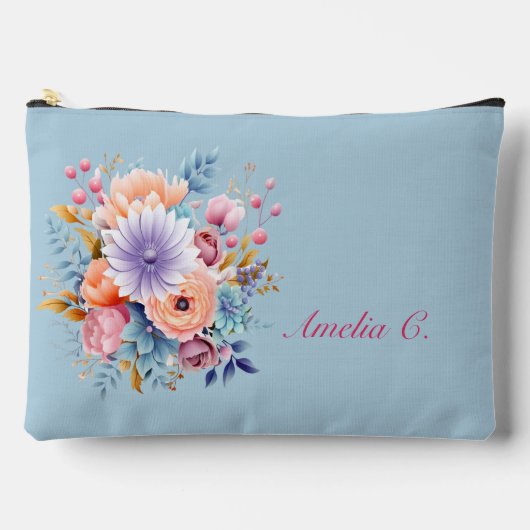 Pastel Blue Watercolor Floral Cosmetic Bag Zubehörtasche (Vorderseite)