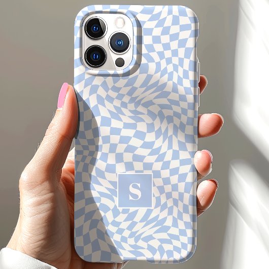 Pastel Blue Wavy Checked Mit Monogramm Case-Mate iPhone Hülle