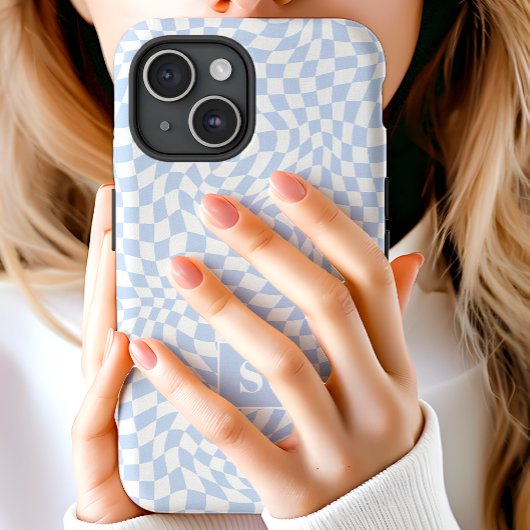 Pastel Blue Wavy Checked Mit Monogramm Case-Mate iPhone Hülle