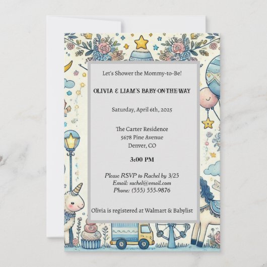 Pastel Blue Whimsical Baby Dusche Einladung (Vorderseite)