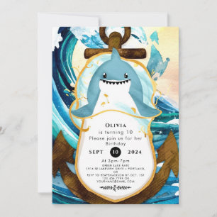 Pastel Blue Whimsical Shark Birthday Einladung