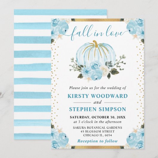 Pastel Blue & White Floral Pumpkins Hochzeit im He Einladung (Vorne/Hinten)