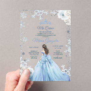 Pastel Blue Winter Snow Floral Princess Mis Quince Acryleinladungen