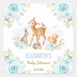 Pastel Blue Woodland Animals Baby Shower Favoriten Quadratischer Aufkleber
