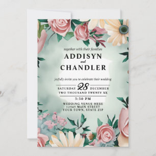 Pastel Blume Elegante: Grün blühende Hochzeit Einladung