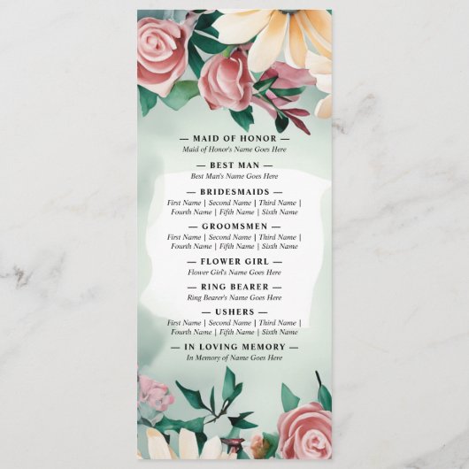 Pastel Blume Elegante: Grün blühende Hochzeit Programm (Rückseite)
