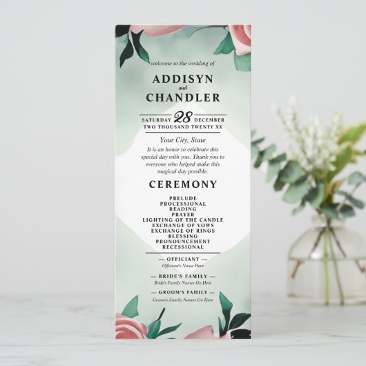 Pastel Blume Elegante: Grün blühende Hochzeit Programm (Stehend Vorderseite)
