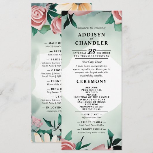 Pastel Blume Elegante: Grün blühende Hochzeit Programm (Vorne/Hinten)
