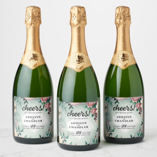 Pastel Blume Elegante: Grün blühende Hochzeit Schaumweinetikett (Flaschen)