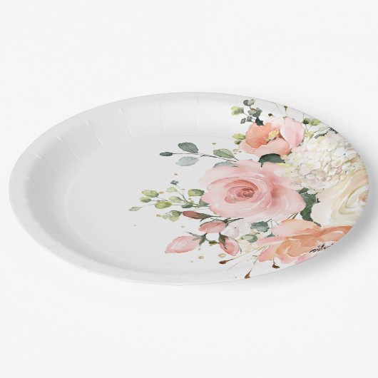 Pastel Blush Elfenbeinrosa Botanische Hochzeit mit Pappteller (Schrägansicht)