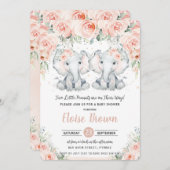 Pastel Blush Floral Elephant Twins Baby Dusche Einladung (Vorne/Hinten)