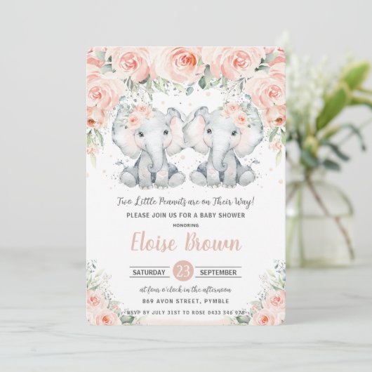 Pastel Blush Floral Elephant Twins Baby Dusche Einladung (Stehend Vorderseite)