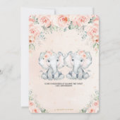 Pastel Blush Floral Elephant Twins Baby Dusche Einladung (Rückseite)