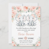 Pastel Blush Floral Elephant Twins Baby Dusche Einladung (Vorderseite)