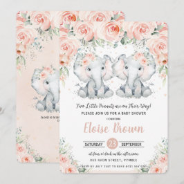 Pastel Blush Floral Elephant Twins Baby Dusche Einladung