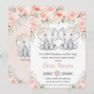 Pastel Blush Floral Elephant Twins Baby Dusche Einladung