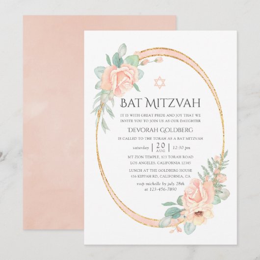 Pastel Blush Floral Geometric Bat Mitzvah Einladung (Vorne/Hinten)
