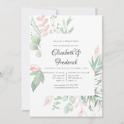 Pastel Blush Greenerity Hochzeitliches Probe-Dinne Einladung (Vorderseite)