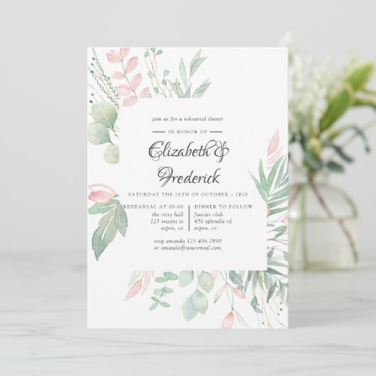 Pastel Blush Greenerity Hochzeitliches Probe-Dinne Einladung (Stehend Vorderseite)