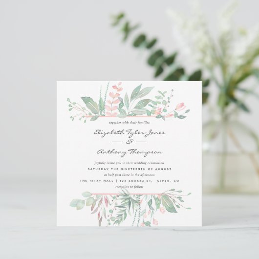 Pastel Blush Greenerity Wedding Einladung (Stehend Vorderseite)