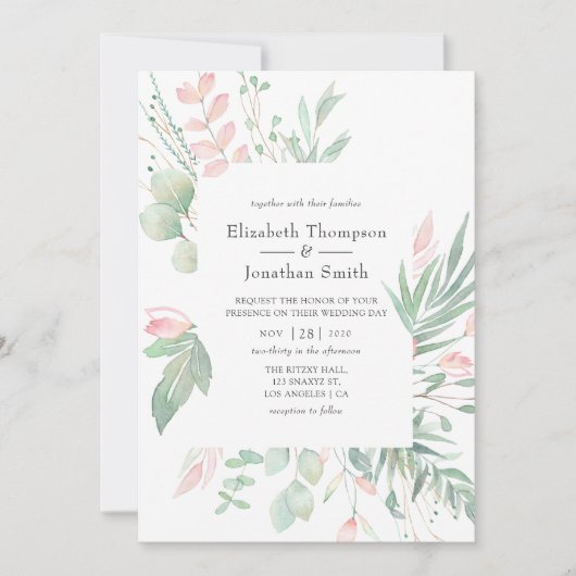 Pastel Blush Greenerity Wedding Einladung (Vorderseite)