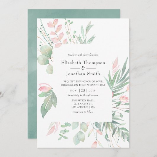 Pastel Blush Greenerity Wedding Einladung (Vorne/Hinten)