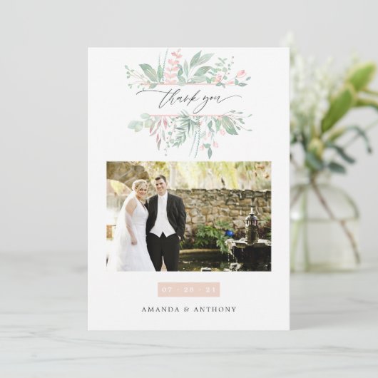 Pastel Blush Greenerity Wedding Foto Dankeskarte (Stehend Vorderseite)
