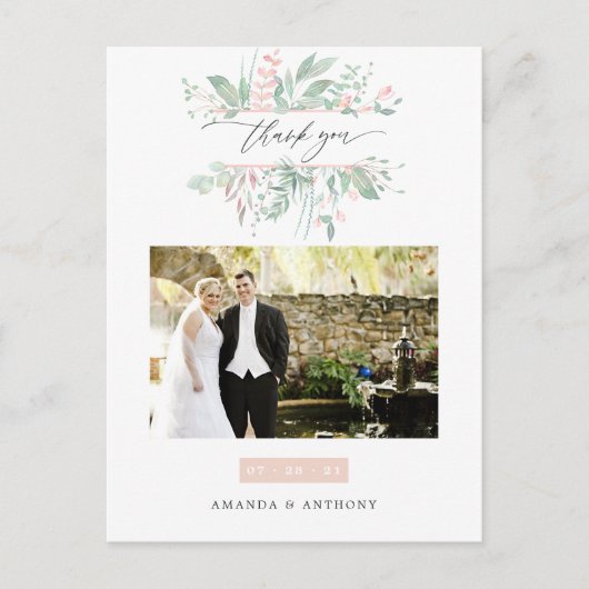 Pastel Blush Greenerity Wedding Foto Vielen Dank Postkarte (Vorderseite)