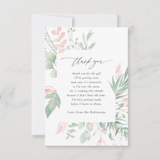 Pastel Blush Greenery Baby Shower Dankeskarte (Vorderseite)