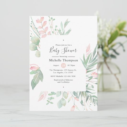 Pastel Blush Greenery Baby Shower Einladung (Stehend Vorderseite)