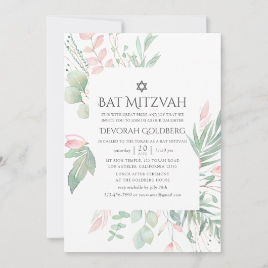 Pastel Blush Greenery Bat Mitzvah Einladung (Vorderseite)
