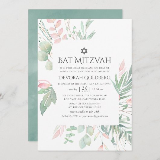 Pastel Blush Greenery Bat Mitzvah Einladung (Vorne/Hinten)