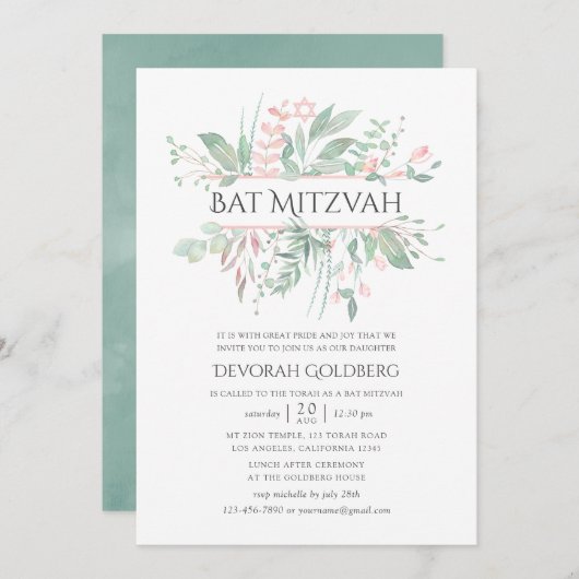 Pastel Blush Greenery Bat Mitzvah Einladung (Vorne/Hinten)