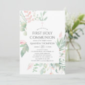 Pastel Blush Greenery Erster Kommunion Einladung (Stehend Vorderseite)