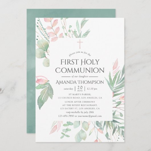 Pastel Blush Greenery Erster Kommunion Einladung (Vorne/Hinten)