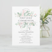 Pastel Blush Greenery Erster Kommunion Einladung (Stehend Vorderseite)