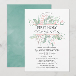 Pastel Blush Greenery Erster Kommunion Einladung
