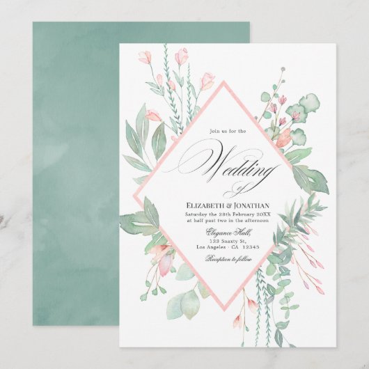 Pastel Blush Greenery Geometric Wedding Einladung (Vorne/Hinten)