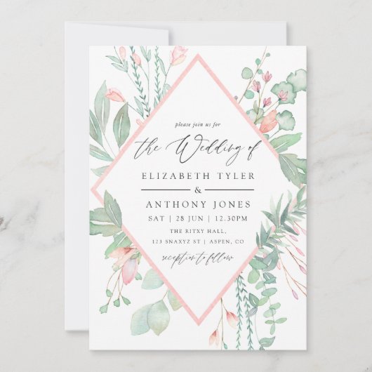 Pastel Blush Greenery Geometric Wedding Einladung (Vorderseite)