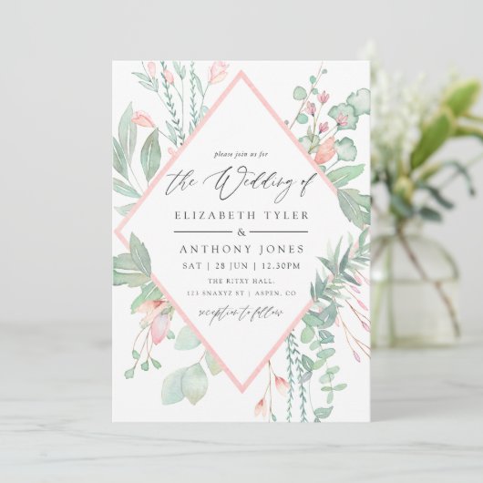 Pastel Blush Greenery Geometric Wedding Einladung (Stehend Vorderseite)