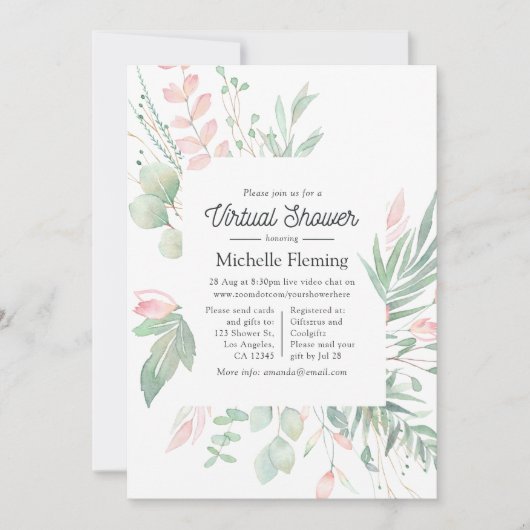 Pastel Blush Greenery Virtual Baby Shower Einladung (Vorderseite)
