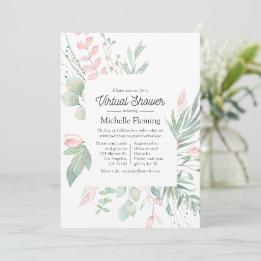 Pastel Blush Greenery Virtual Baby Shower Einladung (Stehend Vorderseite)