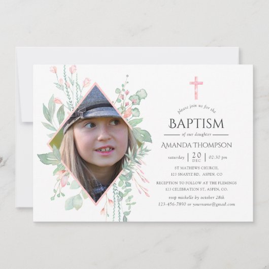 Pastel Blush Grüne Taufe oder Weihnachten Einladung (Vorderseite)