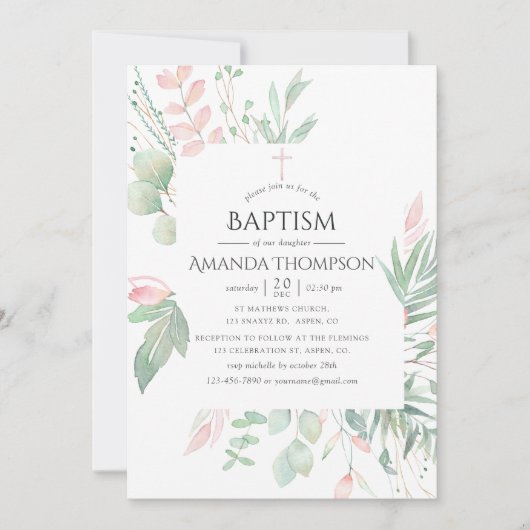 Pastel Blush Grüne Taufe oder Weihnachten Einladung (Vorderseite)