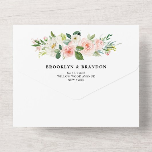 Pastel Blush Hübsch Pink Botanische Hochzeit mit f All In One Einladung (Rückseite)