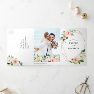 Pastel Blush Hübsch Pink Botanische Hochzeit mit f Dreifach Gefaltete Ankündigung
